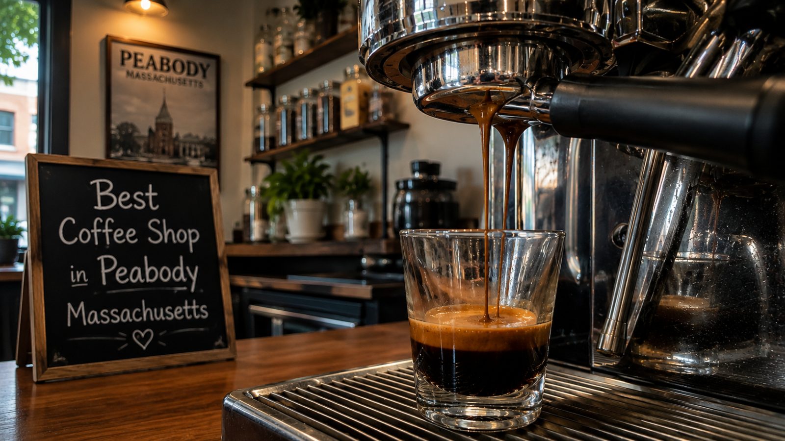 Espresso being poured at an independent coffee shop in Peabody, Massachusetts